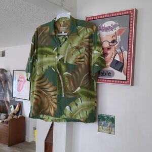 VINTAGE Tony Lambert Authentic Designer  Shirt Mens Green Tropical Floral Rayon